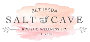 Logo for Bethesda Salt Cave Holistic Wellness Spa. Pink and peach watercolor background with text and mortar/pestle.