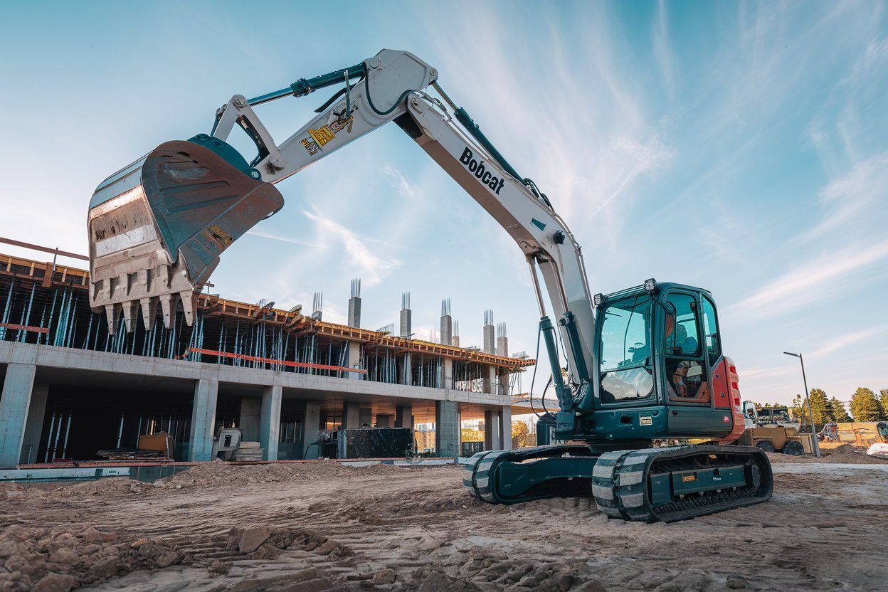 A bulldozer is moving dirt on a construction site in front of a building under construction.