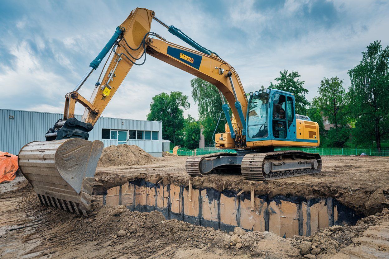 A yellow excavator is digging a hole in the ground at a construction site.
