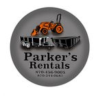 Logo for Parker's Rentals, featuring a tractor and trailers in black and orange on a grey background.