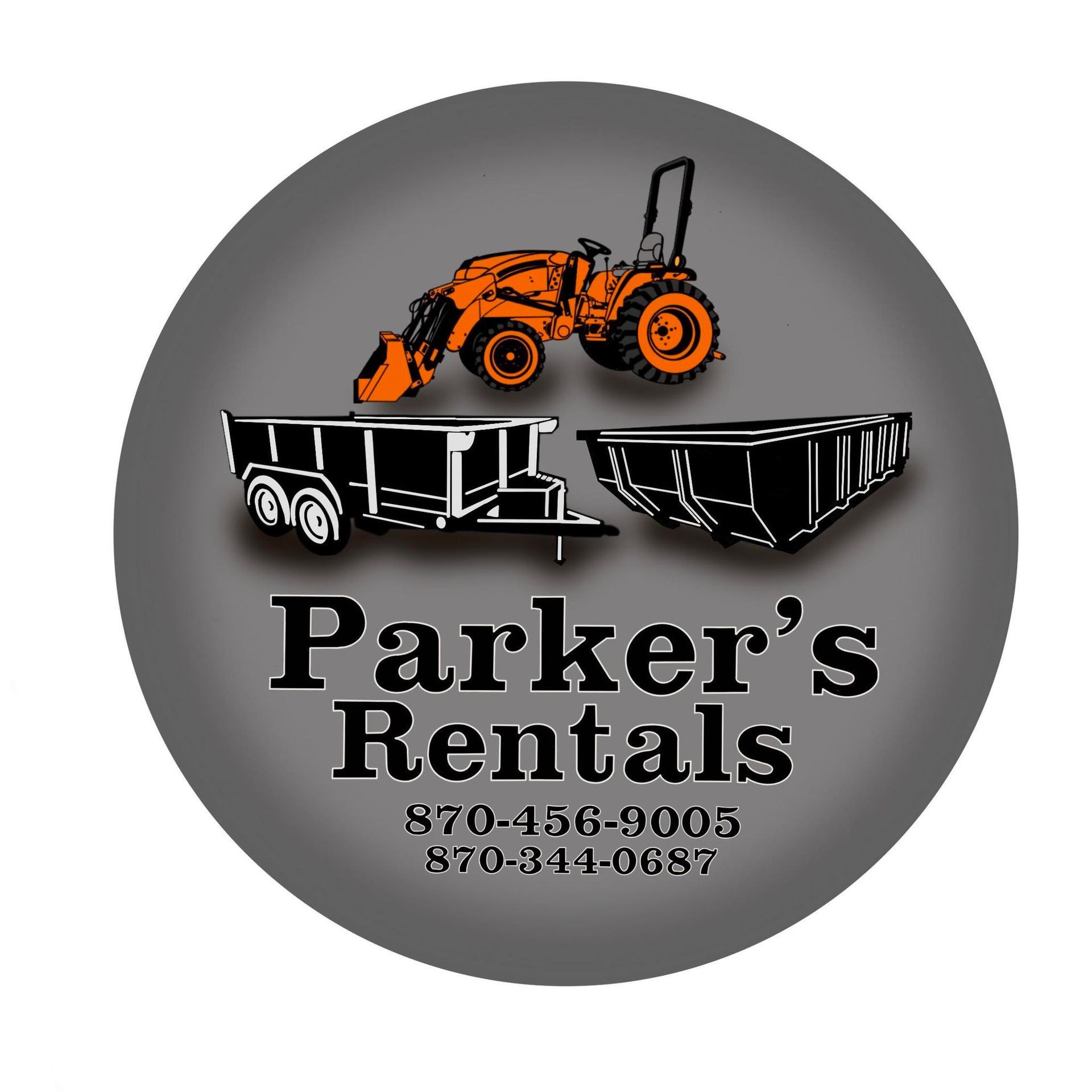 Logo for Parker's Rentals, featuring a tractor and trailers in black and orange on a grey background.