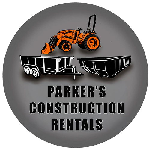 Logo for Parker's Rentals, featuring a tractor and trailers in black and orange on a grey background.