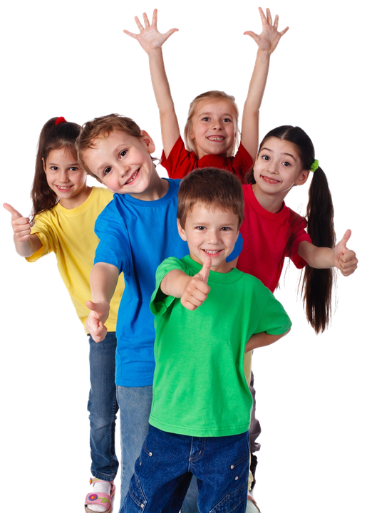 A group of children are standing next to each other and giving a thumbs up.