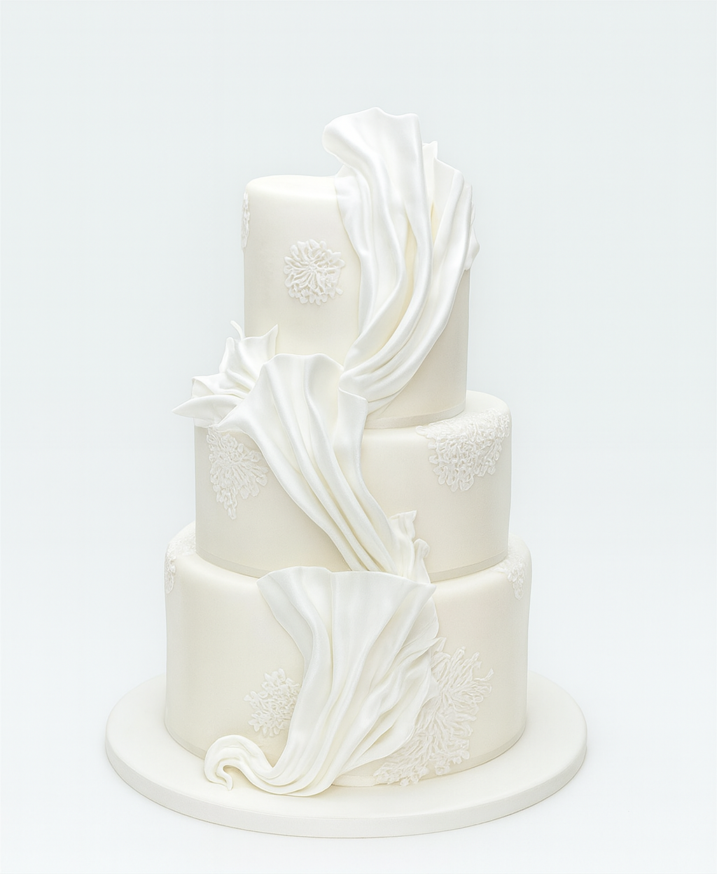 Torta nuziale bianca a tre piani con dettagli in pasta di zucchero e pizzo su base rotonda.