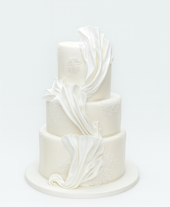 Torta nuziale bianca a tre piani con dettagli in pasta di zucchero e pizzo su base rotonda.