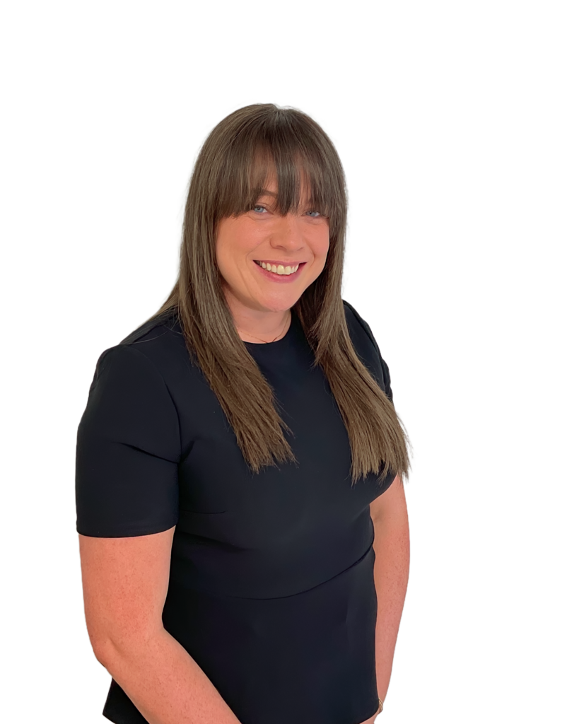 Woman with long brown hair and bangs smiles, wearing a black top.