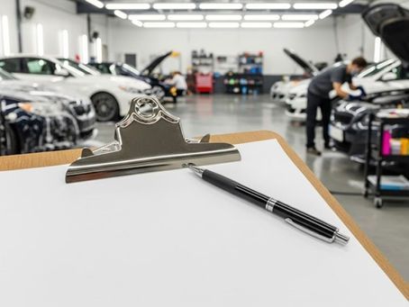Clipboard with pen in foreground; auto repair shop with cars and mechanics in background.