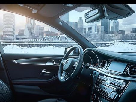 Interior of a black car with a cityscape visible through the window. Snowy ground.