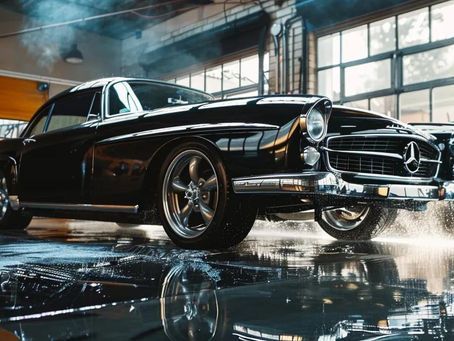Black vintage Mercedes car inside a garage, reflecting on wet floor. Chrome details, smoke.