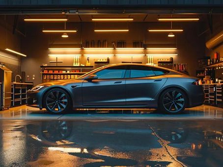 Tesla sedan parked in a well-lit garage. Reflections in the wet floor, tools on the wall.