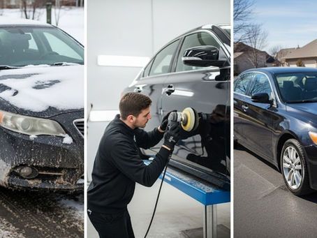 Car being cleaned: dirty in winter, polished by a detailer, and clean after detailing.
