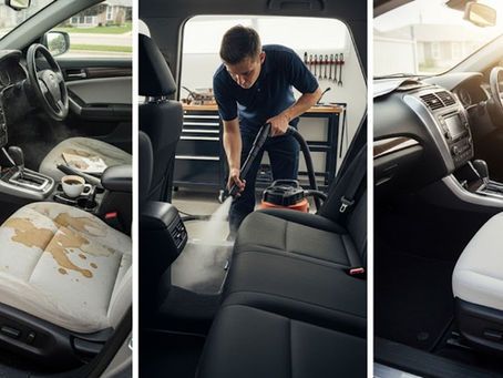 Car interior before, during, and after cleaning. Man vacuums stained seats, removing dirt.