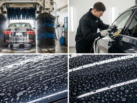 Car wash and detailing: vehicle going through automated wash; technician polishing car's surface; water beading on paint.