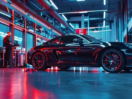 Black sports car in a modern garage with a mechanic using a computer. Red and blue lighting.