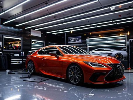 Orange Lexus coupe in a well-lit shop; another car in the background.