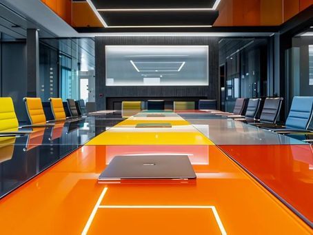 Modern boardroom with a long, colorful table, bright chairs, and a large screen.