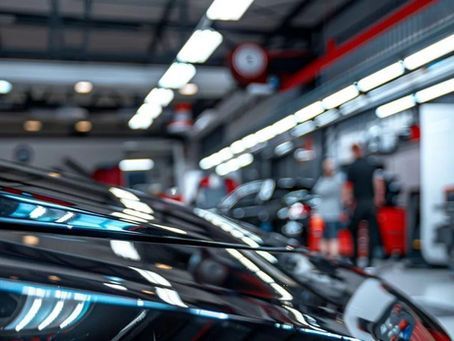 Black car in a brightly lit auto shop; workers in the background.