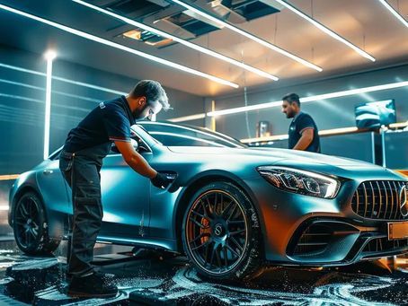Two men washing a blue sports car in a car wash, lit by neon lights.