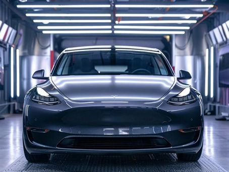 Gray Tesla Model Y in a brightly lit factory setting.