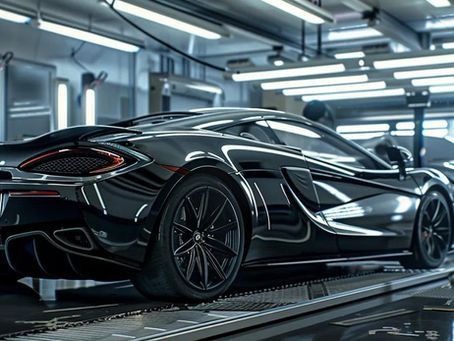 Black McLaren sports car in a garage, reflecting overhead lights.