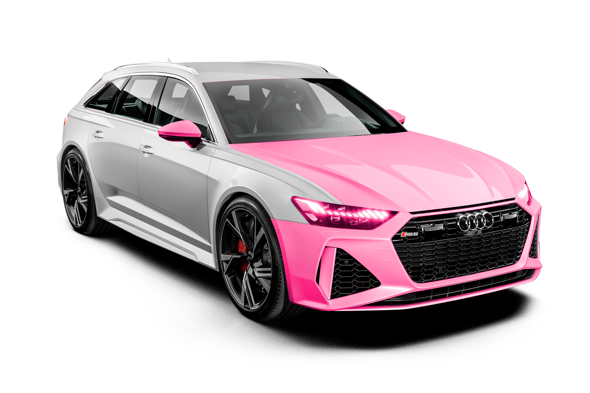 Gray Audi wagon with pink front end.