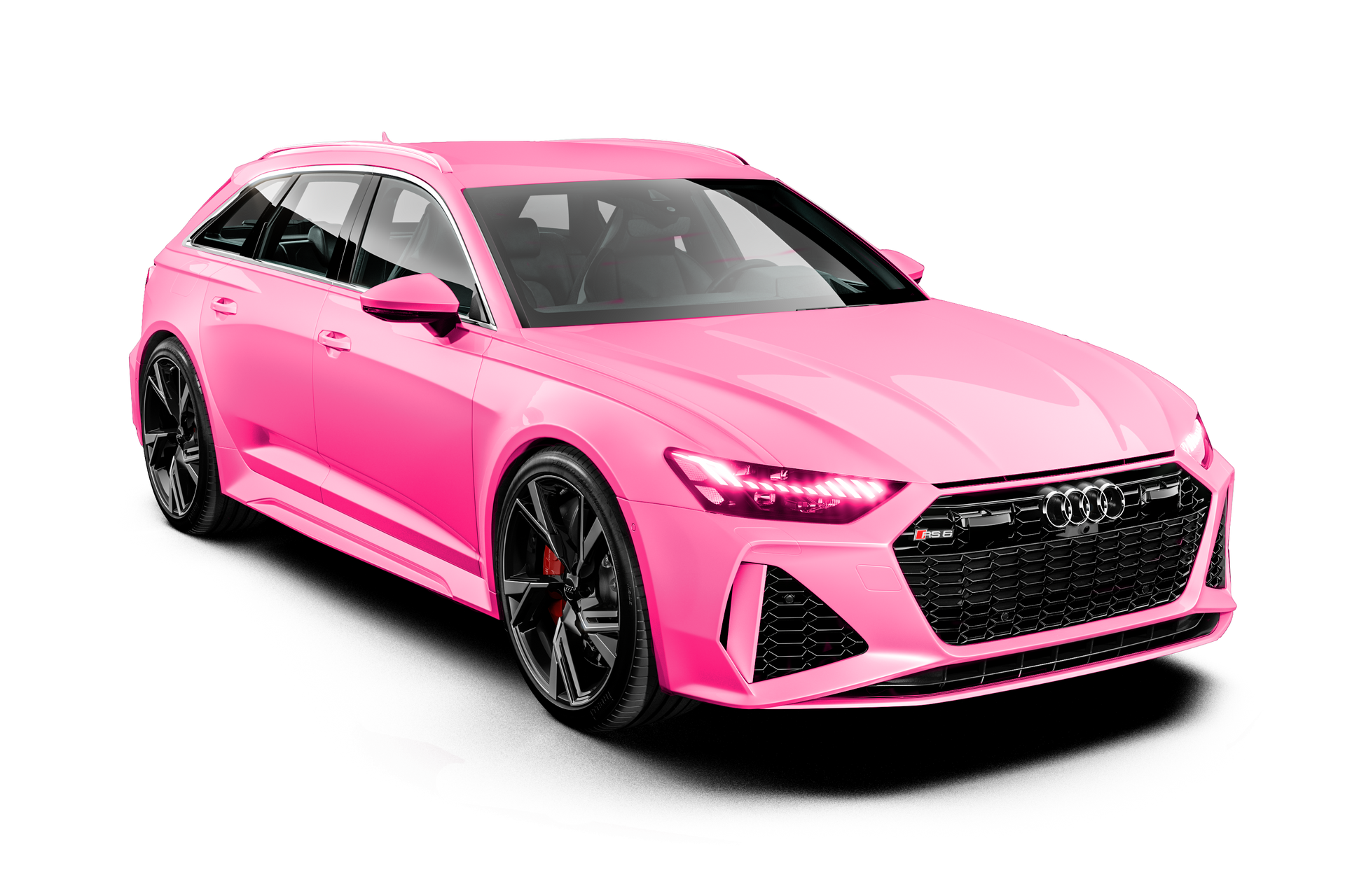 Orange Audi RS6 Avant station wagon on white background. Black wheels.