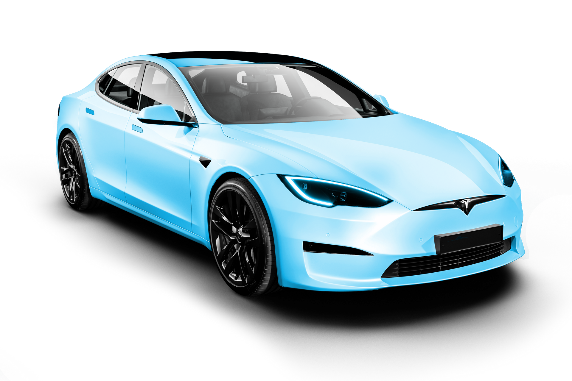 Light blue Tesla sedan with black wheels, parked on a white background.
