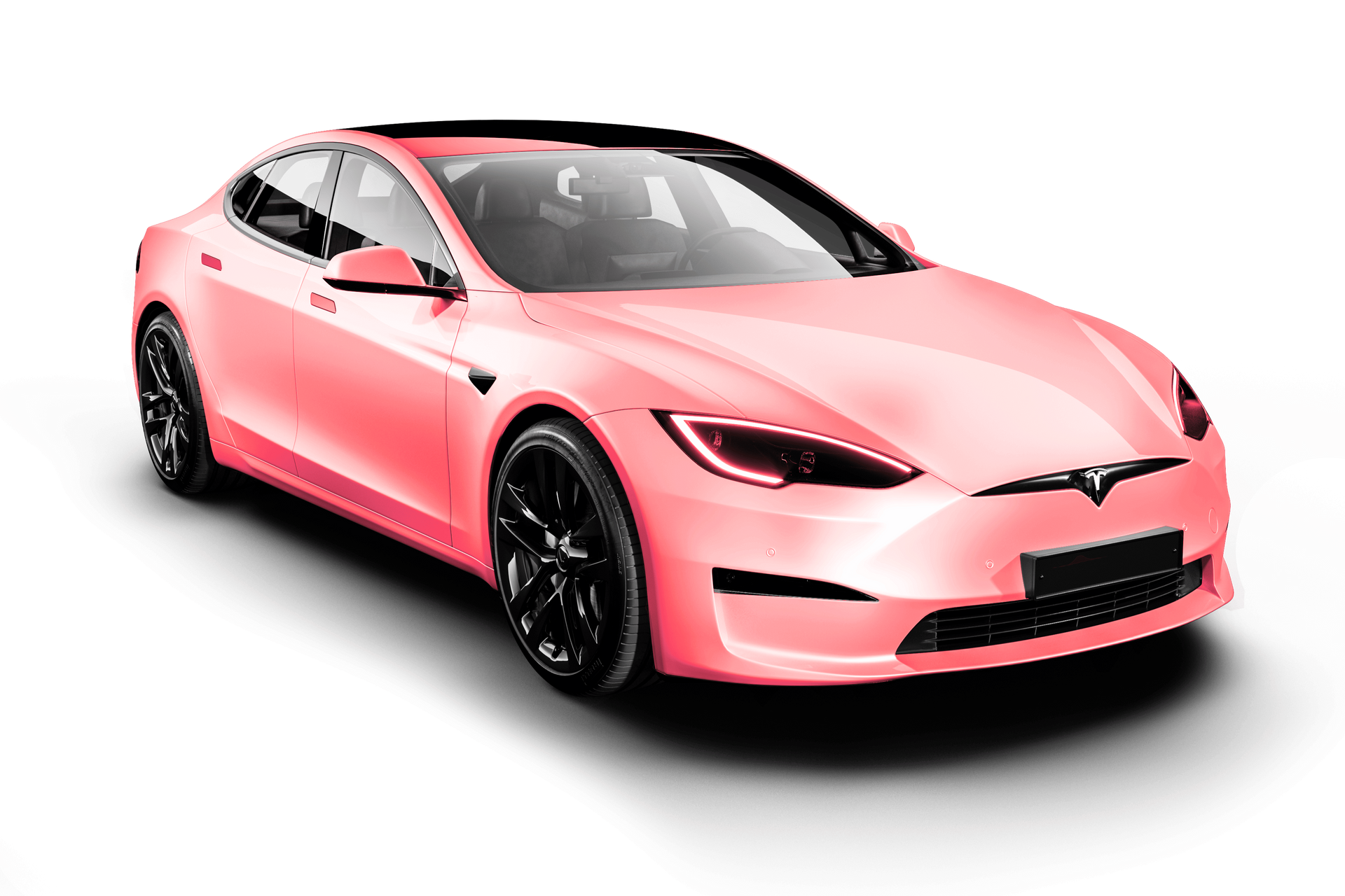 Pink Tesla car on a white background, black wheels, sleek design.