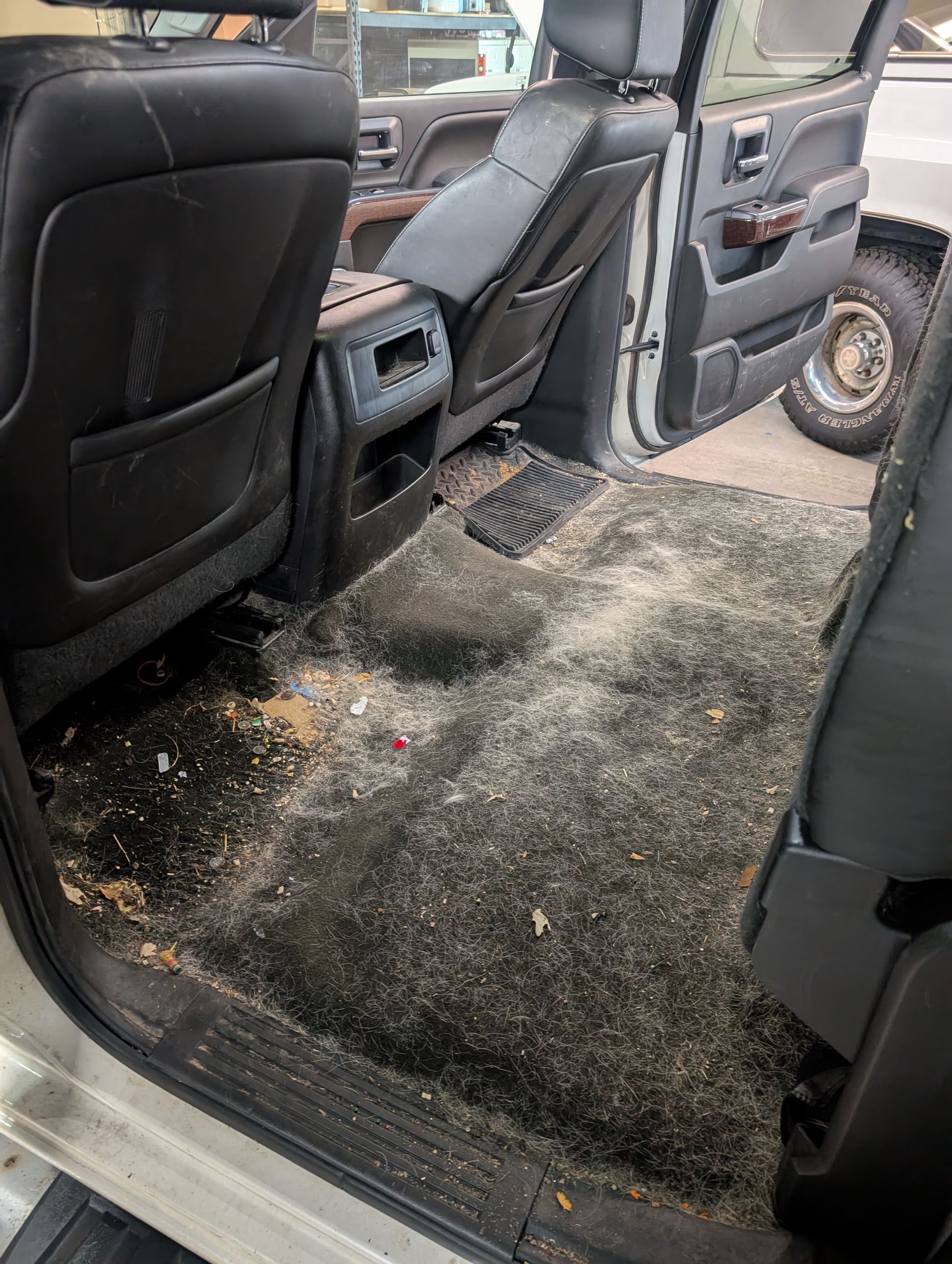Dirty interior of a vehicle; black seats, floor covered in debris, door open, appears to be dusty.