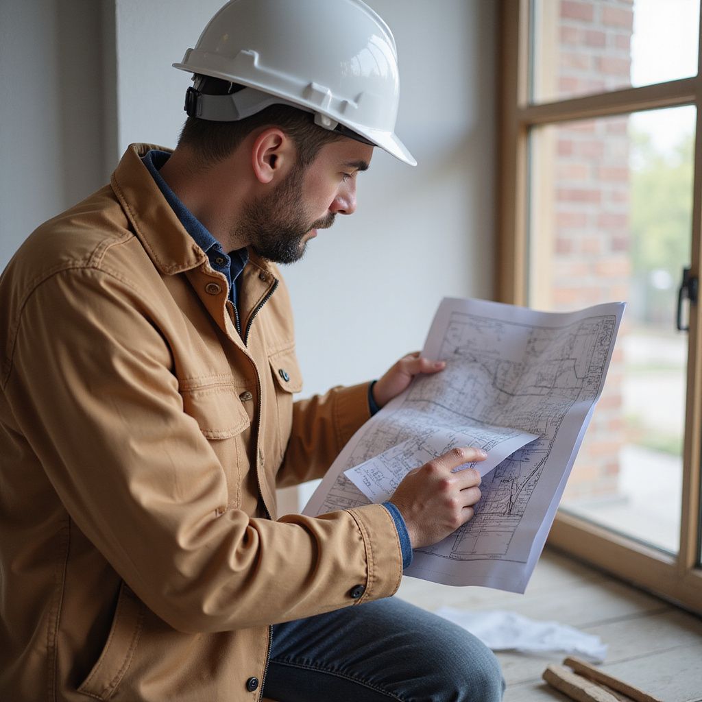 Construction worker in hard hat reviewing blueprints near a window.