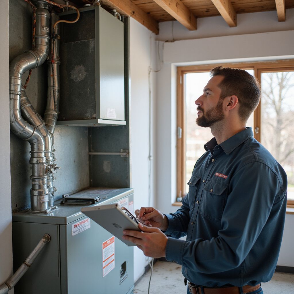 HVAC technician inspecting a furnace, holding a tablet, in a utility room.