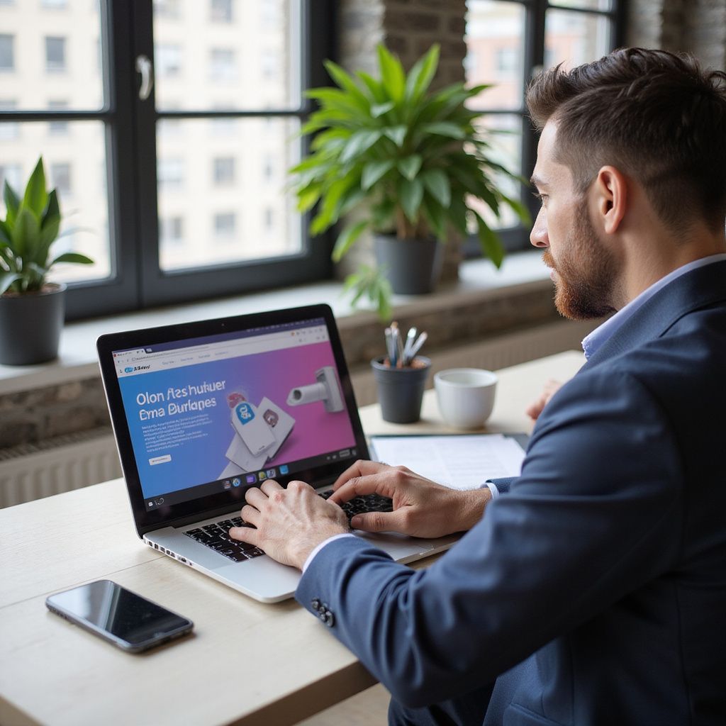 Man in a blue suit works on a laptop at a desk, with a phone and coffee cup nearby.