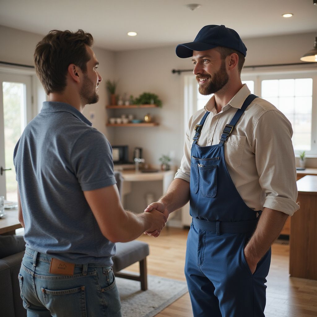Man in blue shirt shakes hands with a person in blue overalls and a cap indoors, smiling.