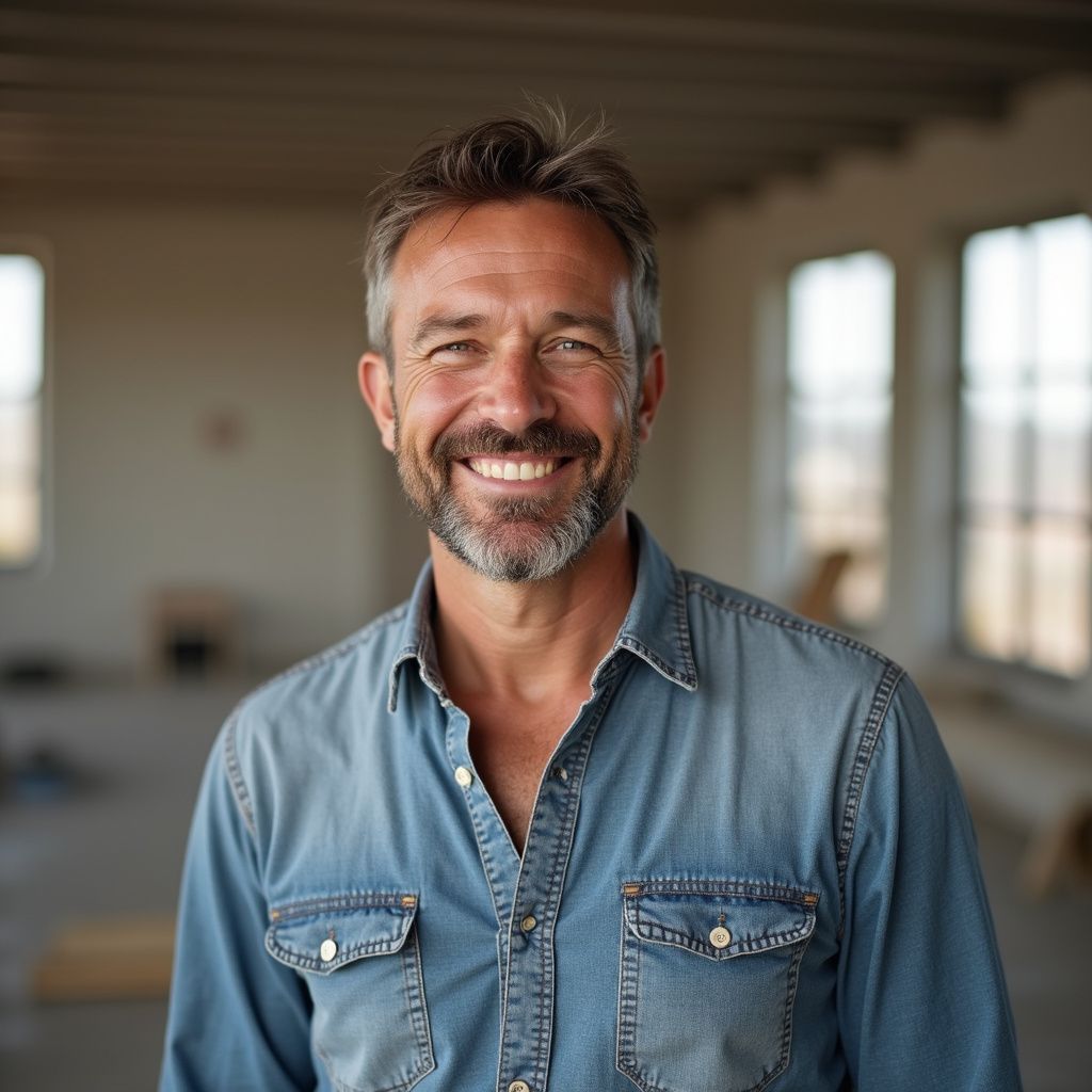 Man with graying hair and beard smiles, wearing a denim shirt, in a room under construction.