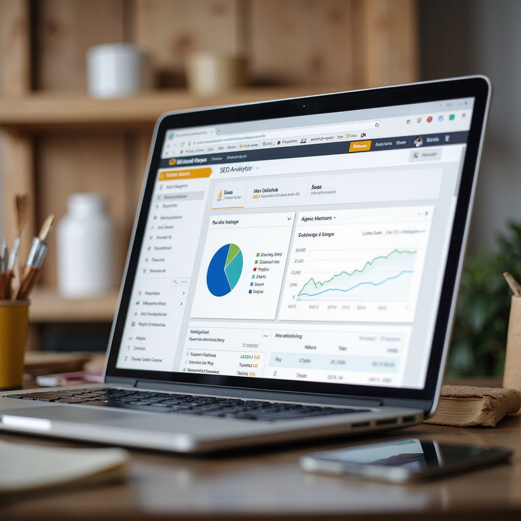 Laptop displaying financial data charts on a wooden desk, next to a phone and notepad.