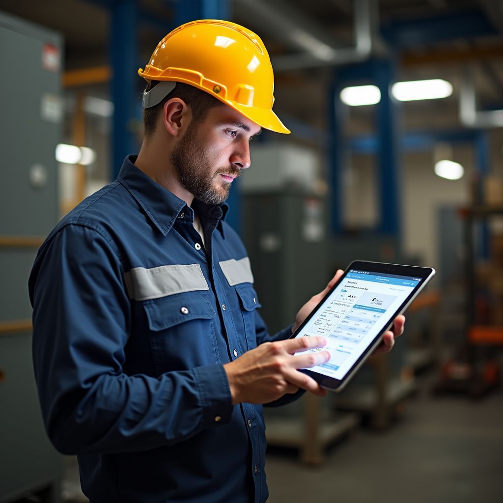 Man in yellow hard hat and blue work shirt using a tablet in a factory setting.