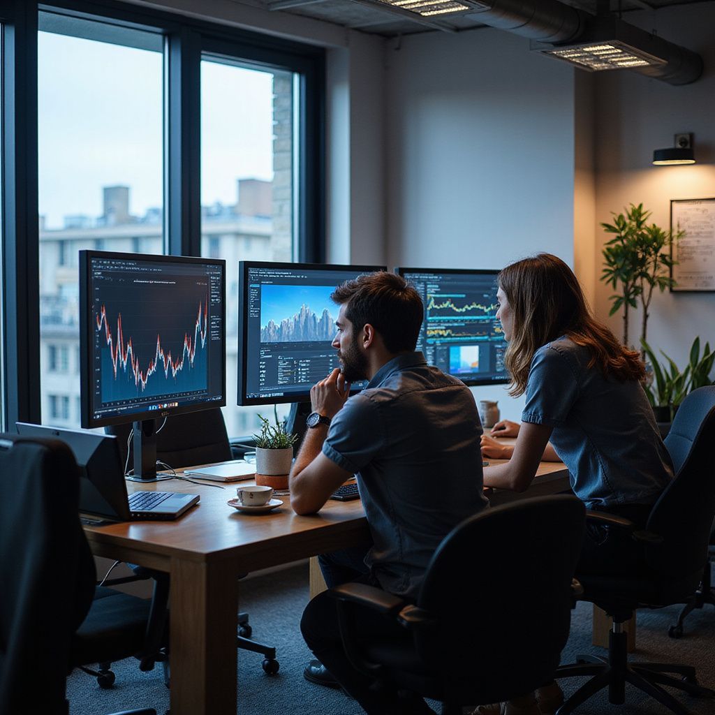 Two people reviewing data on computer monitors in an office, window in the background.