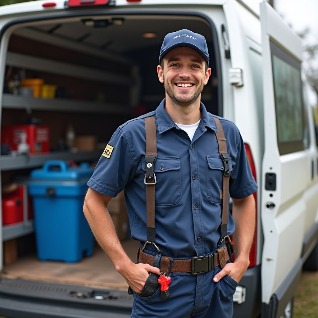 Smiling technician in blue uniform and cap with van open.