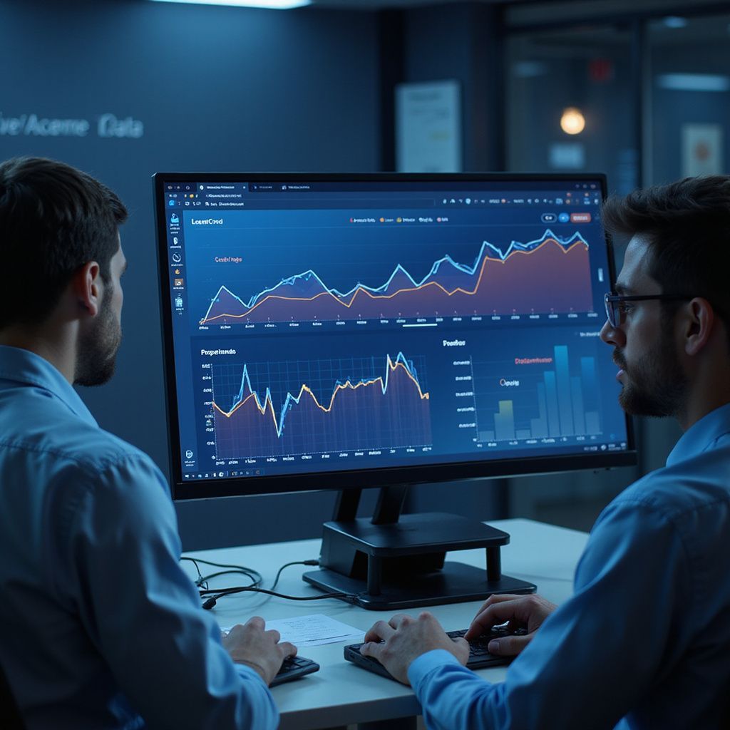 Two people analyzing stock market data on a computer screen.