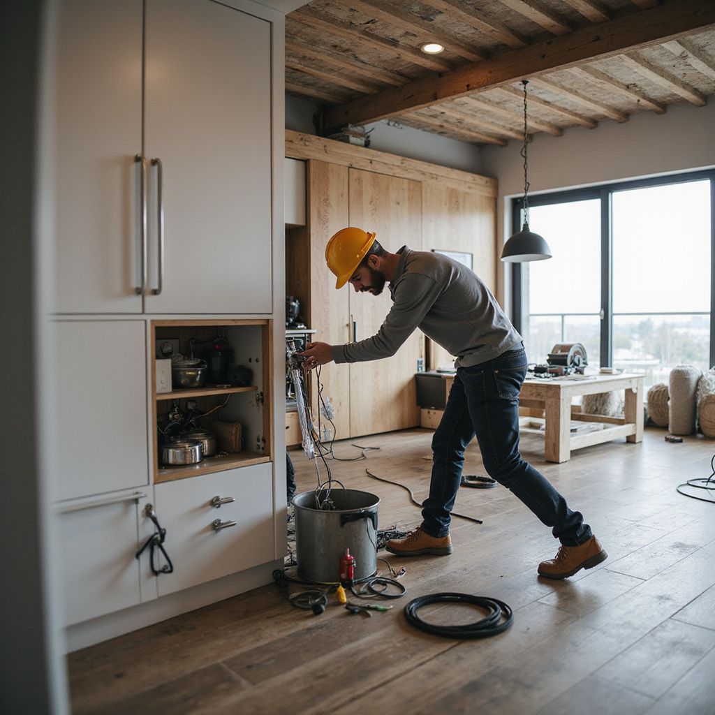 A worker in a yellow hard hat repairs plumbing, bending over a bucket near a cabinet in a light-filled room.