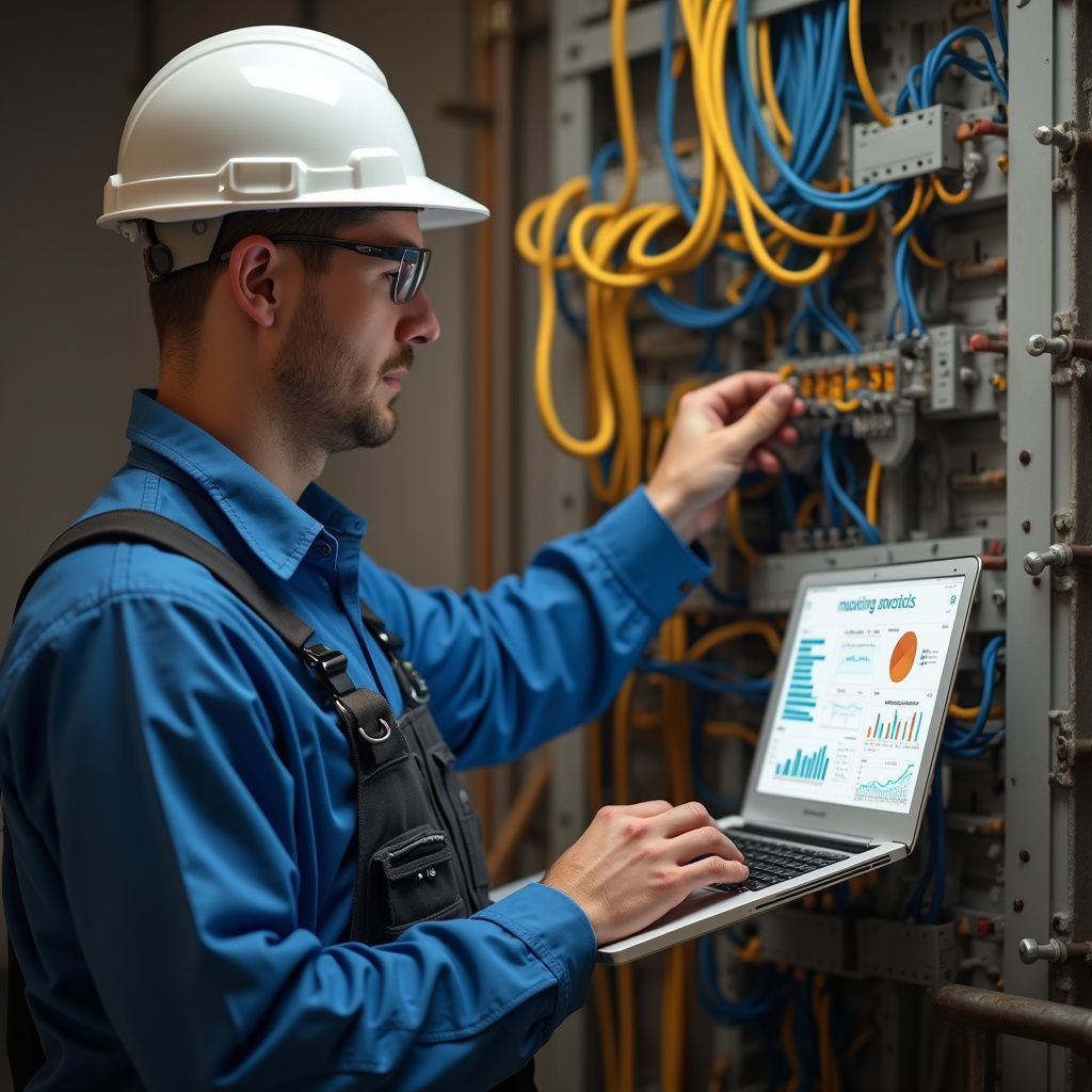 Electrician in blue overalls and hard hat uses laptop, analyzing electrical panel with yellow and blue wires.