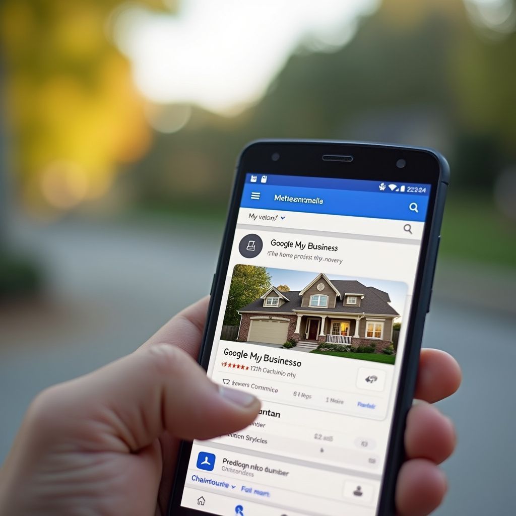 Person holding a smartphone displaying a real estate listing of a house on a blurred outdoor background.
