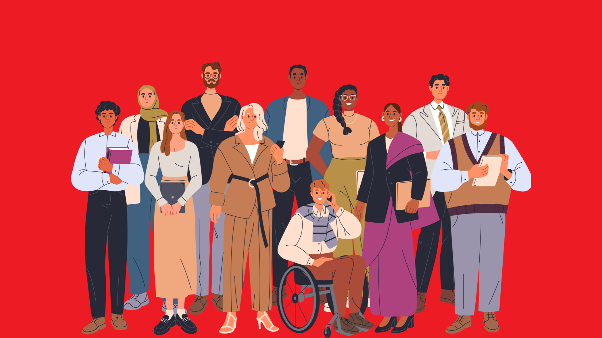 A diverse group of professional people standing and sitting together against a plain red background.