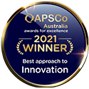 QAPScO Australia award badge. Winner 2021: Best approach to Innovation. Blue and gold.
