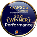 QAPSCO Australia 2021 Winner Performance award badge in blue and gold.