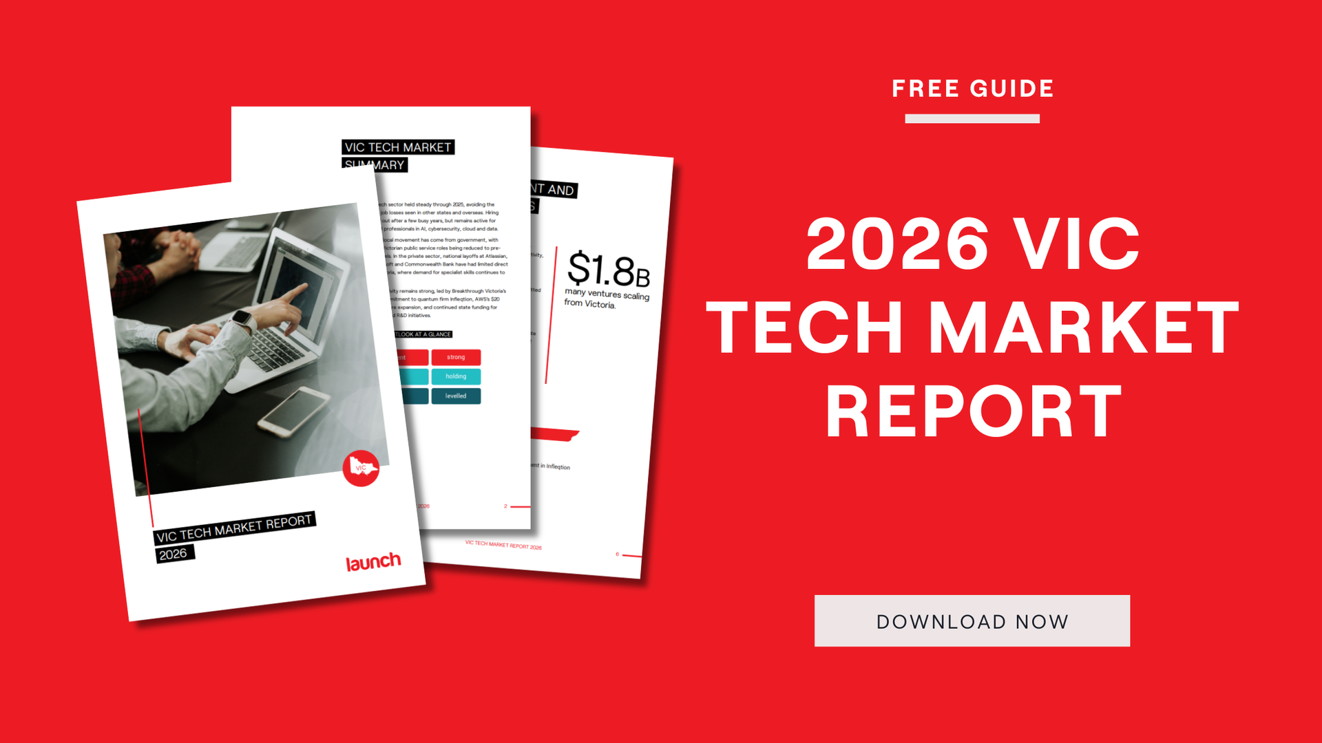 2026 VIC Tech Market Report: free guide with document images on a red background.