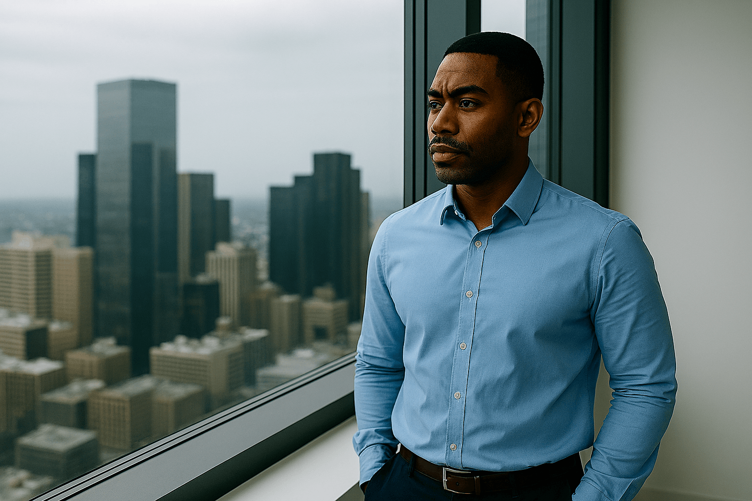 Man in a blue shirt looks out of a high-rise window, city skyline in background.