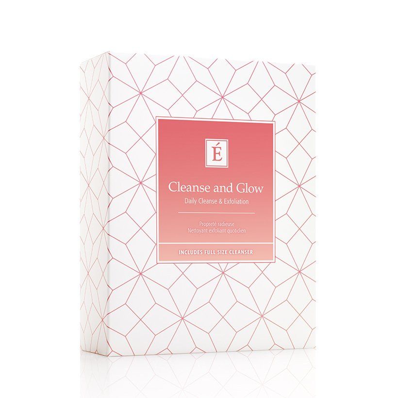 A white box with a pink label that says cleanse and glow