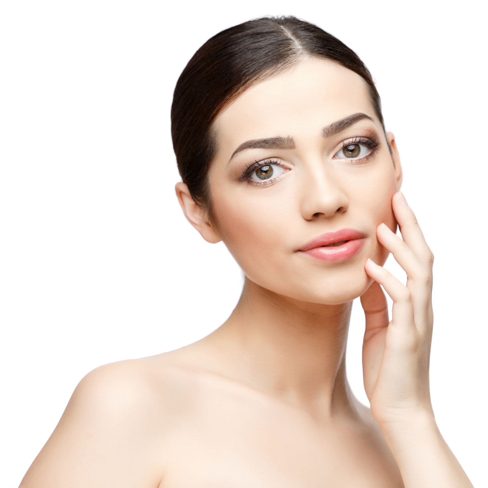 A woman is touching her face with her hand and looking at the camera.