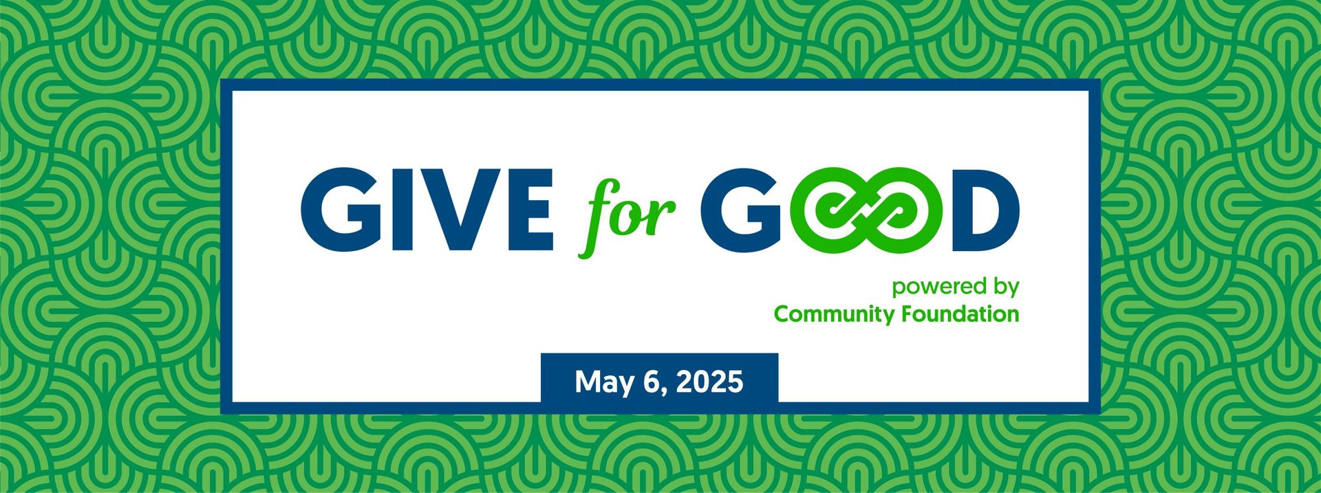 A blue and green logo that says give for good powered by community foundation